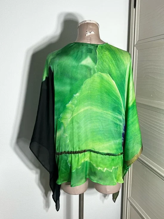 Roberto Cavalli Green Watercolor Green Silk Batwing Women’s Blouse Top Sz One Sz - Picture 6 of 16